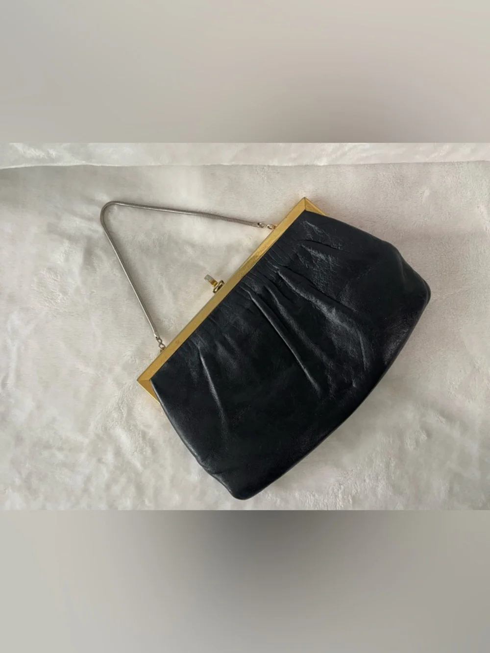 Vintage Etra Genuine leather black clutch hand bag purse gold with filigree